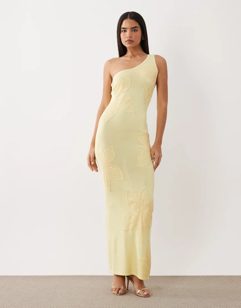  Wanderdoll Wanderdoll - Flossie - Vestido Largo Amarillo Limón Asimétrico De Punto Con Detalle Floral De Lentejuelas 