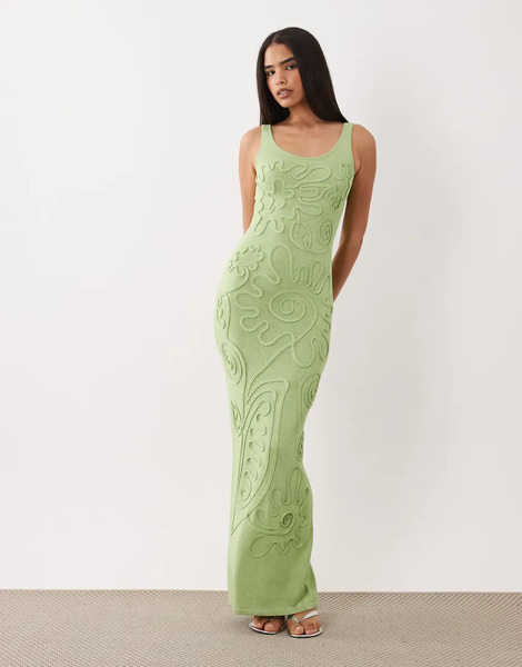  Wanderdoll Wanderdoll - Sunnie - Vestido Largo Verde Salvia Con Diseño Abstracto Y Lazada En La Espalda De Punto 