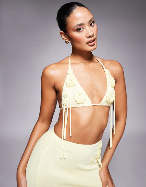  Wanderdoll Top Amarillo Limón Estilo Bralette Con Detalle De Flecos Y Flores De Punto Peony De Wanderdoll (parte De Un Conjunto) 