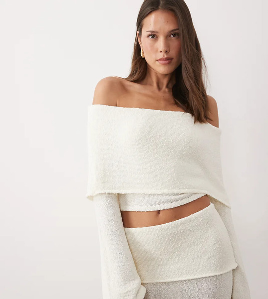  Wanderdoll Top Color Crema Con Mangas Acampanadas Y Escote Bardot Muy Ancho Plegado De Punto De Bouclé Yasmin De Wanderdoll (parte De Un Conjunto)-blanco 