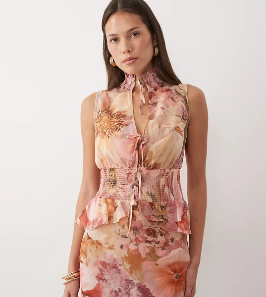  Wanderdoll Top Rosa Fruncido Sin Mangas Con Estampado Floral Y Detalle De Lazada De Chifón Primrose De Wanderdoll (parte De Un Conjunto)-multicolor 