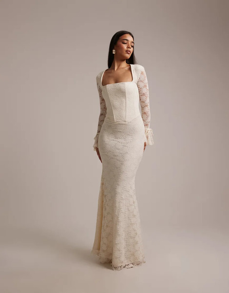  Wanderdoll Vestido De Novia Largo Color Vainilla Con Escote Cuadrado, Cuerpo Estilo Corsé Y Lazadas En Las Mangas De Encaje Juliette De Wanderdoll-blanco 