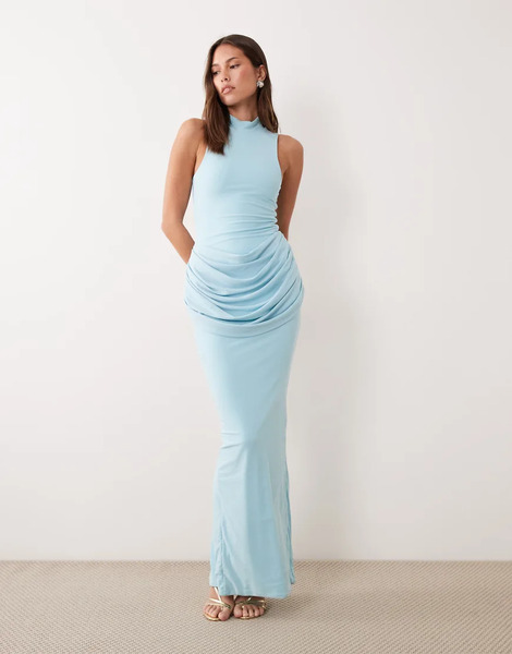  Wanderdoll Vestido Largo Azul Empolvado Moldeado Sin Mangas Con Cuello Alto Y Detalle Drapeado Ari De Wanderdoll 