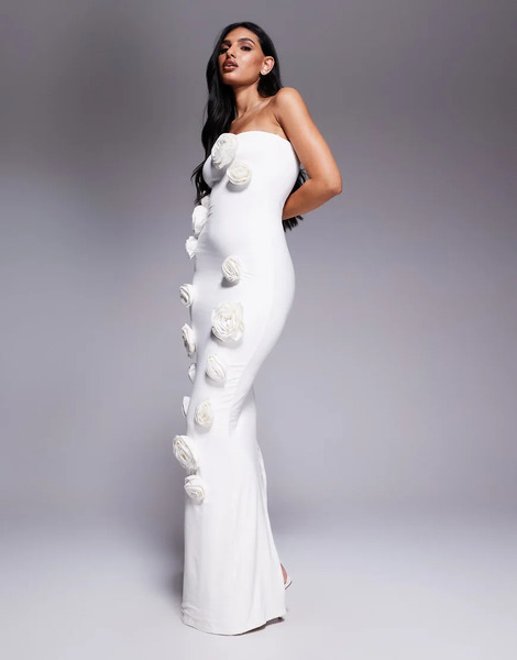  Wanderdoll Vestido Largo Color Crema Ceñido Efecto Segunda Piel Y Corte Sirena Con Escote Palabra De Honor, Diseño Moldeador Y Detalle De Flores Palma De Wanderdoll-blanco 