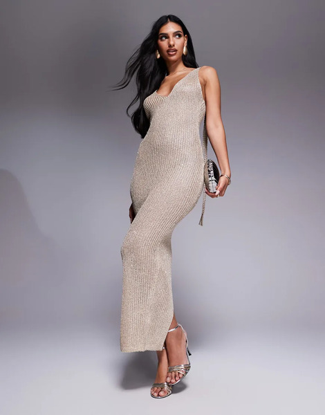  Wanderdoll Vestido Largo Dorado Escotado De Tirantes Con Detalles Colgantes De Punto Brillante Goldie De Wanderdoll 