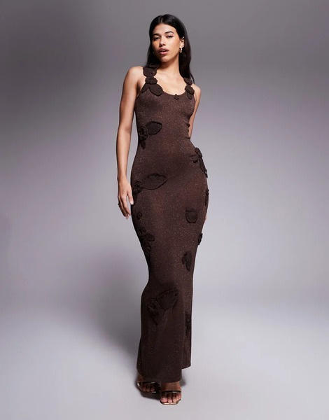  Wanderdoll Vestido Largo Marrón Espresso De Punto Metalizado Con Detalle De Hojas Florales Eden De Wanderdoll-brown 