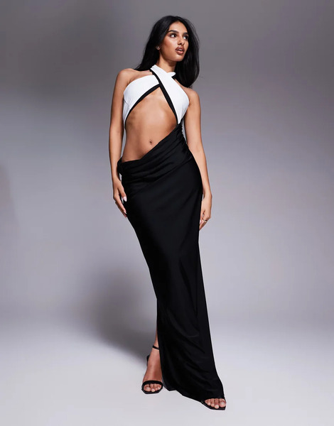  Wanderdoll Vestido Largo Negro Y Blanco Ceñido Con Cuello Halter Cruzado En La Parte Delantera, Abertura Y Diseño Drapeado En El Lateral Maddison Exclusivo De Wanderdoll-multicolor 