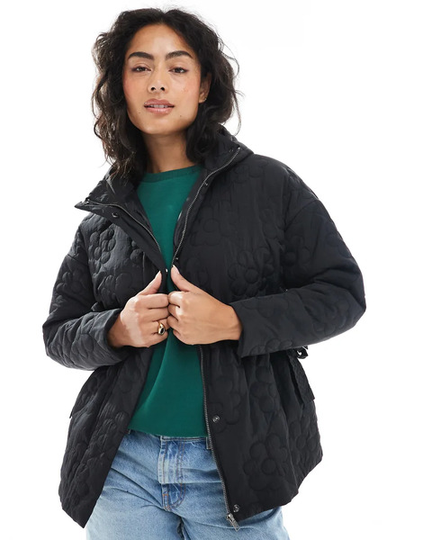  Wednesday's Girl Chaqueta Acolchada Negra Con Cintura Entallada Y Diseño Guateado De Flores De Wednesday's Girl-negro 