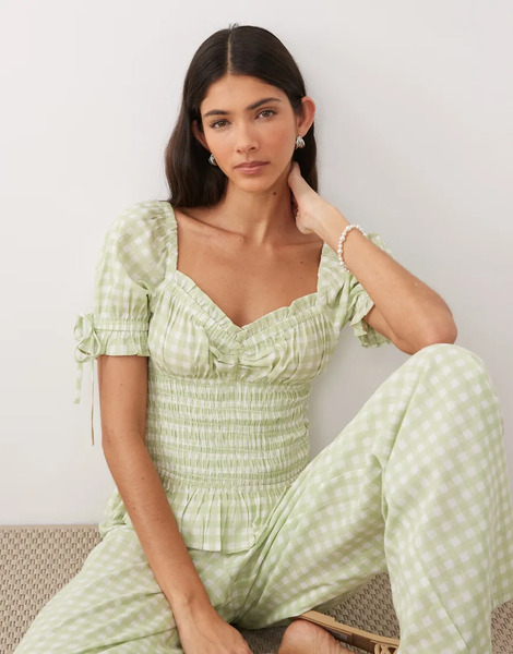  Wednesday's Girl Top A Cuadros Vichy Verdes Fruncido Con Escote Bardot Y Mangas Globo De Wednesday's Girl (parte De Un Conjunto) 