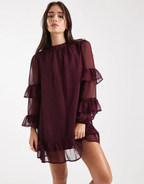  Wednesday's Girl Vestido Corto Burdeos De Manga Larga Con Cuello Alto Y Detalle De Volantes De Wednesday's Girl-blanco 