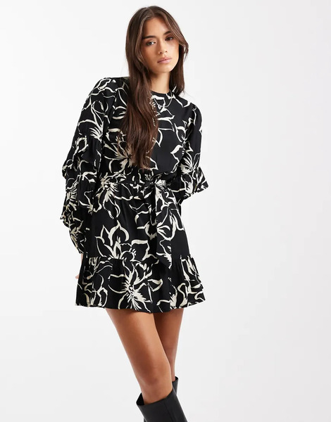  Wednesday's Girl Vestido Corto De Manga Larga Con Estampado Floral Abstracto Y Lazada En La Cintura De Wednesday's Girl-multicolor 