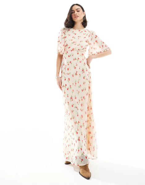  Wednesday's Girl Vestido Largo Color Crema Con Estampado Floral, Cuello Alto Y Mangas De Volantes De Wednesday's Girl-blanco 