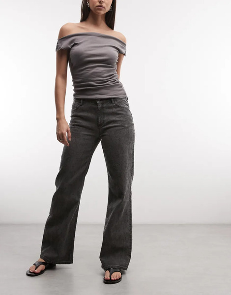  Weekday Weekday - Pantalones De Corte Acampanado Y Pernera Ancha Con Lavado Gris Oscuro Y Detalle Texturizado 