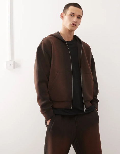  Weekday Sudadera Con Capucha, Cremallera Y Lavado Marrón De Tejido Efecto Neopreno De Weekday (parte De Un Conjunto)-brown 