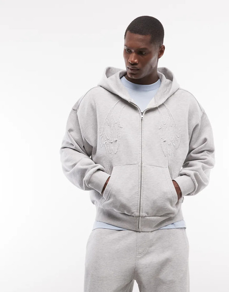  Weekday Sudadera Gris Jaspeado De Corte Cuadrado Con Capucha, Cremallera Y Detalle Bordado De Weekday (parte De Un Conjunto) 