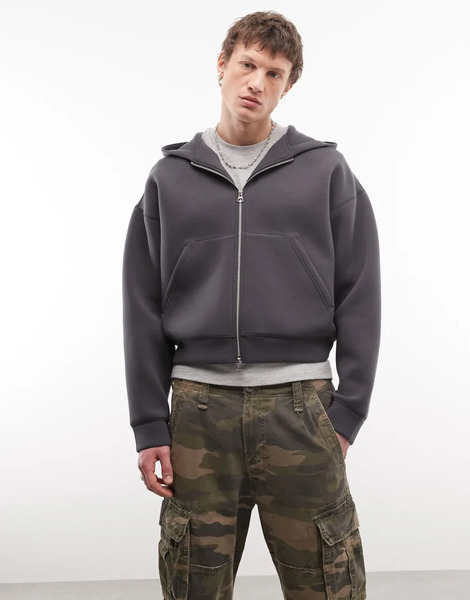  Weekday Sudadera Gris Oscuro Con Capucha, Cremallera Y Detalle Bordado Gráfico De Tejido Efecto Neopreno Simon De Weekday 