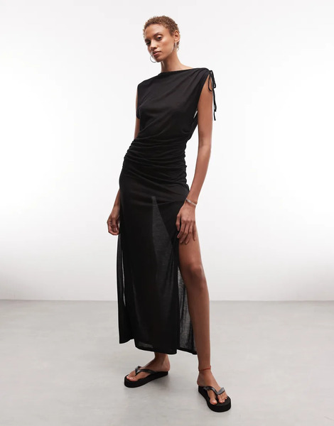  Weekday Vestido Largo Negro Con Cuello Barco Y Detalle Fruncido En El Lateral De Tejido Transparente De Weekday 