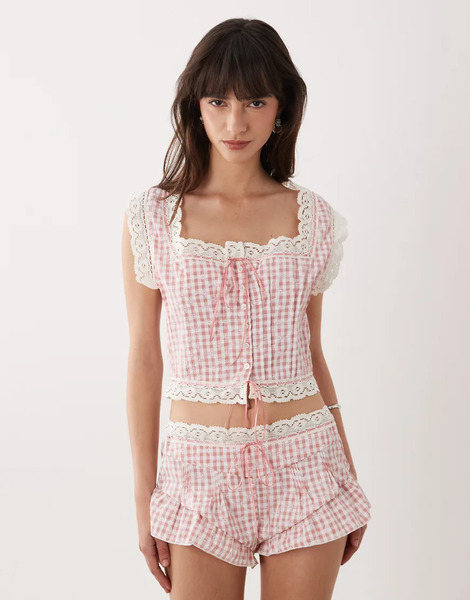  Wild Lovers Top A Cuadros Vichy Rosas Con Botones En La Parte Delantera Y Detalle De Encaje Mireille De Wild Lovers 