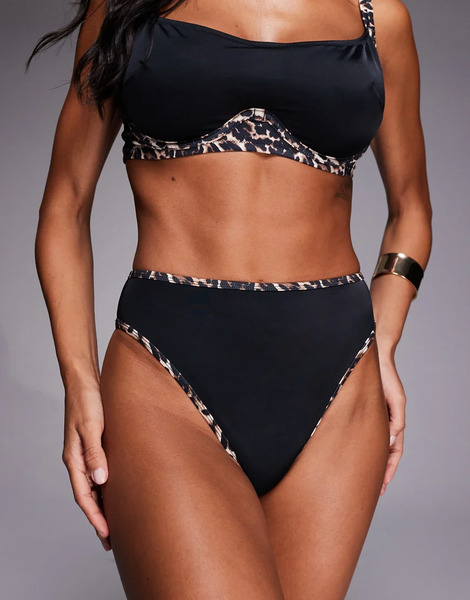  Wolf & Whistle Braguitas De Bikini Negras De Talle Alto Con Costuras Con Estampado De Leopardo En Contraste De Wolf & Whistle-multicolor 
