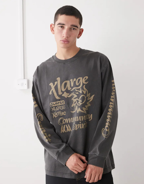  Xlarge Camiseta Negro Lavado De Manga Larga Con Estampado Gráfico, Logo Y Acabado Tintado Pigmentado De Xlarge 