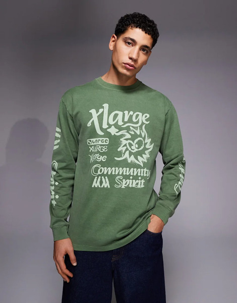  Xlarge Camiseta Verde Oliva De Manga Larga Con Acabado Tintado Pigmentado Y Estampado Gráfico Del Logo De Xlarge 
