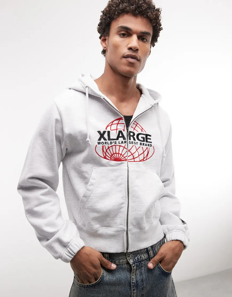  Xlarge Xlarge - Worlds Larger - Sudadera Gris Ceniza Con Capucha, Cremallera Y Bordado En La Parte Delantera 