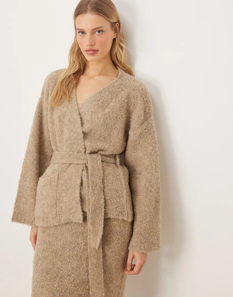  Yas Cárdigan Color Topo Melange Cruzado En La Parte Delantera De Punto Texturizado Premium De Yas (parte De Un Conjunto)-gris 