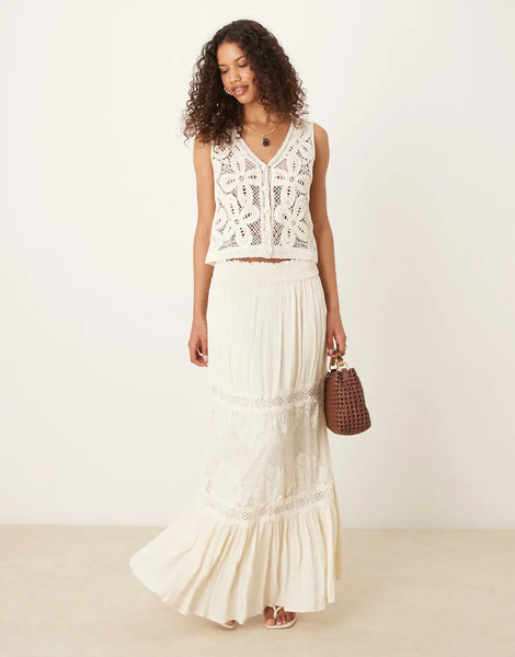  Yas Falda Larga Color Crema De Estilo Boho Con Insertos De Encaje De Croché Para Festivales De Yas-blanco 