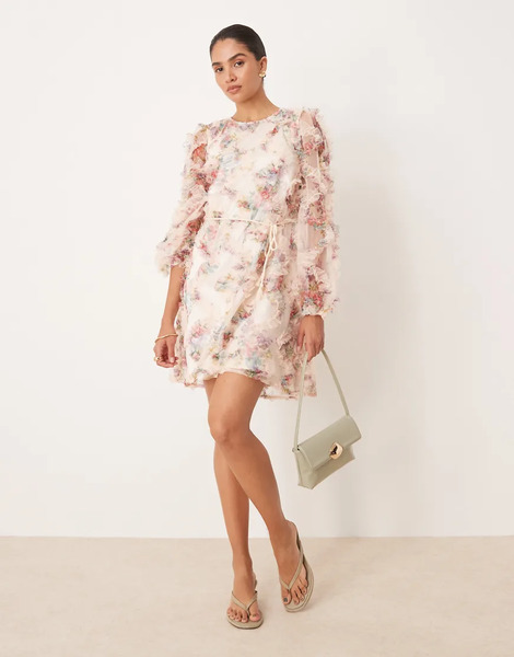  Yas Vestido Corto De Manga Larga Con Estampado Floral Difuminado De Tejido Texturizado De Yas-multicolor 