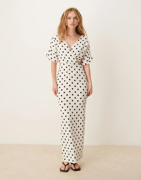  Yas Vestido Largo Blanco Y Negro Cruzado Con Estampado De Lunares Y Detalle De Abertura De Yas-multicolor 