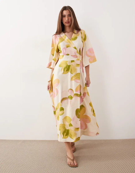  Yas Vestido Largo Cruzado Con Volantes En Las Mangas Y Estampado Floral En Tonos Pastel De Yas-multicolor 