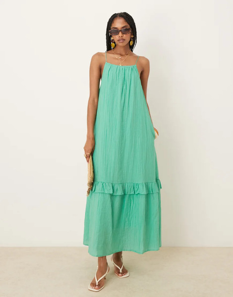  Yas Vestido Largo Verde De Tirantes Con Detalle De Volantes En El Bajo De Tejido Efecto Rugoso Premium De Yas 