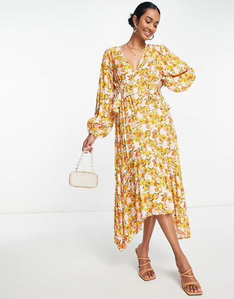  Yas Vestido Midi Amarillo Con Estampado Floral De Estilo Años 70, Bajo De Pico Y Lazada En La Espalda De Y.a.s 