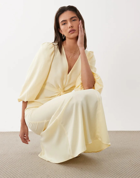  Yas Vestido Midi Amarillo Pastel Con Mangas Voluminosas Y Detalle Anudado En La Parte Delantera De Satén De Yas 