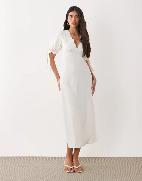  Yas Yas - Vestido Midi Blanco Romántico Con Cuello De Pico, Ribete De Encaje Y Detalle De Lazadas En Las Mangas De Satén 
