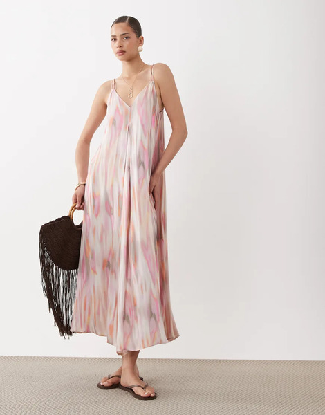  Yas Yas - Vestido Midi Color Melocotón Pálido De Tirantes Finos Dobles Con Diseño Drapeado Y Estampado Tie Dye-naranja 