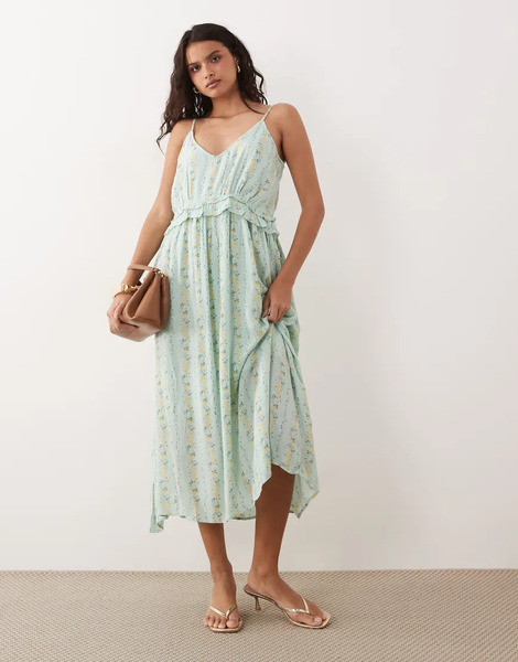  Yas Yas - Vestido Midi Verde De Tirantes Con Botones Delanteros Y Estampado De Flores Y Rayas Para Festivales 