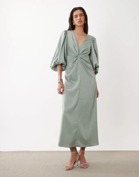 Yas Vestido Midi Verde Medio Con Mangas Voluminosas Y Detalle Anudado En La Parte Delantera De Satén De Yas 