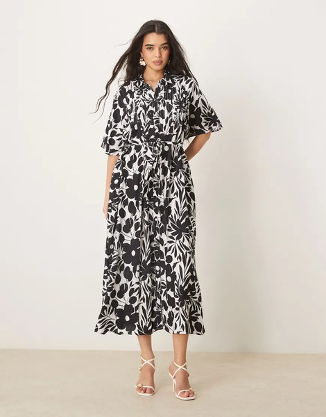  Yas Vestido Monocromático Con Estampado Floral, Mangas Fluidas, Botones En La Parte Delantera Y Cinturón De Yas-multicolor 
