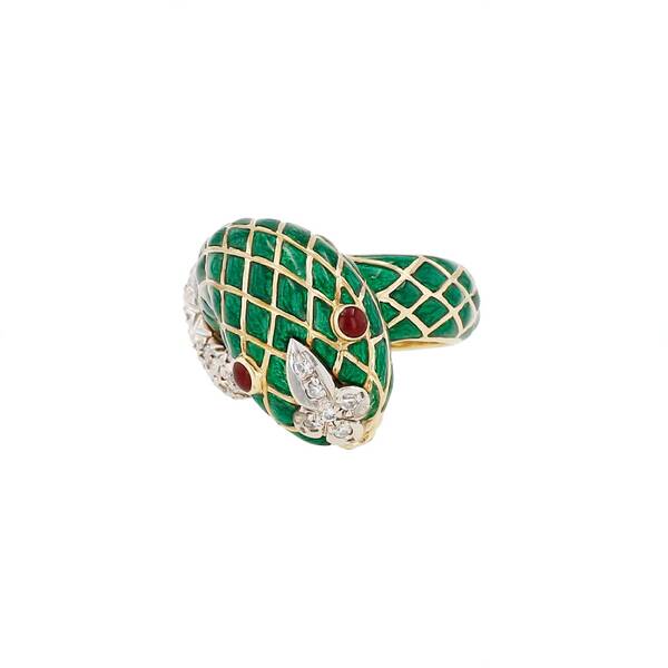  David Webb Ring In Yellow Gold, Platinium, Enamel, Ruby And Diamonds 
