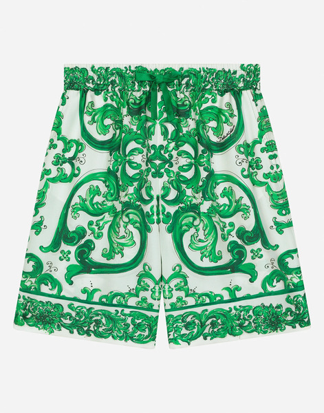  Dolce & Gabbana Bermudas De Sarga Con Estampado Maiolica Verde - Hombre Pantalones Y Shorts Imprima 8 Years 
