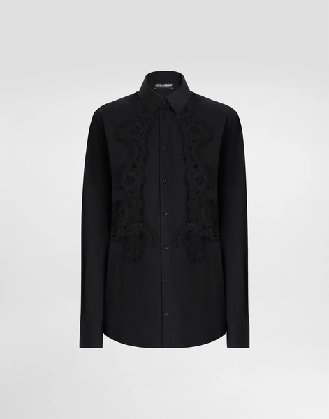  Dolce & Gabbana Camisa De Popelina De Algodón Con Intarsia De Encaje - Mujer Camisas Y Tops Negro 38 