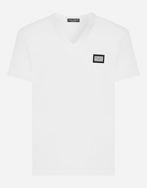  Dolce & Gabbana Camiseta De Algodón Con Cuello De Pico Y Placa Con Logotipo - Hombre Camisetas Y Polos Blanco Algod�n 50 