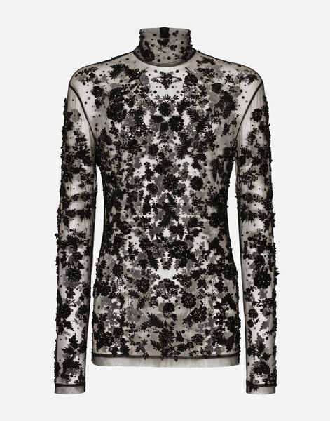  Dolce & Gabbana Camiseta De Cuello Alto En Tul Con Bordados De Lentejuelas - Hombre Camisetas Y Polos Negro Tul 46 