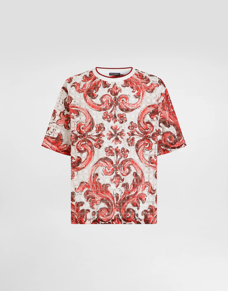  Dolce & Gabbana Camiseta En Encaje Sangallo Con Estampado De Mayólica - Hombre Camisetas Y Polos Multicolor Xl 