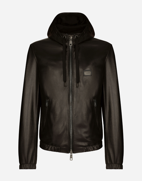  Dolce & Gabbana Cazadora De Piel Con Capucha Y Placa Con Logotipo - Hombre Abrigos Y Chaquetas Negro Piel 46 