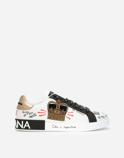  Dolce & Gabbana Portofino Sneakers In Printed Nappa Calfskin With Patch - Hombre Zapatillas Blanco Piel 43 