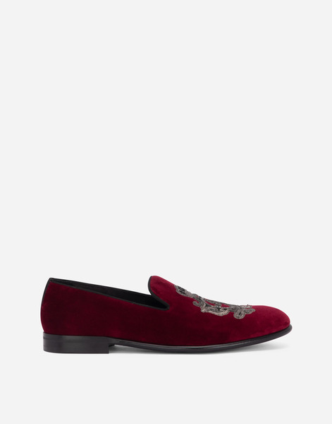  Dolce & Gabbana Velvet Slippers With Coat Of Arms Embroidery - Hombre Mocasines Y Mocasines Driver Burdeos Terciopelo 42 