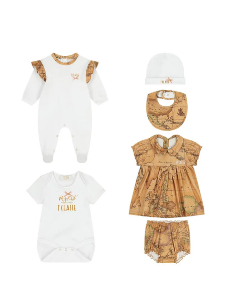  Alviero Martini Kids Set 1ᴬ Classe Geo Map Con Pelele, Body, Vestido, Cubrepañales, Babero Y Gorro - Blanco 