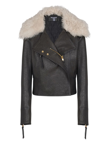  Balmain Chaqueta Biker De Piel De Borrego Con Cuello - Negro 